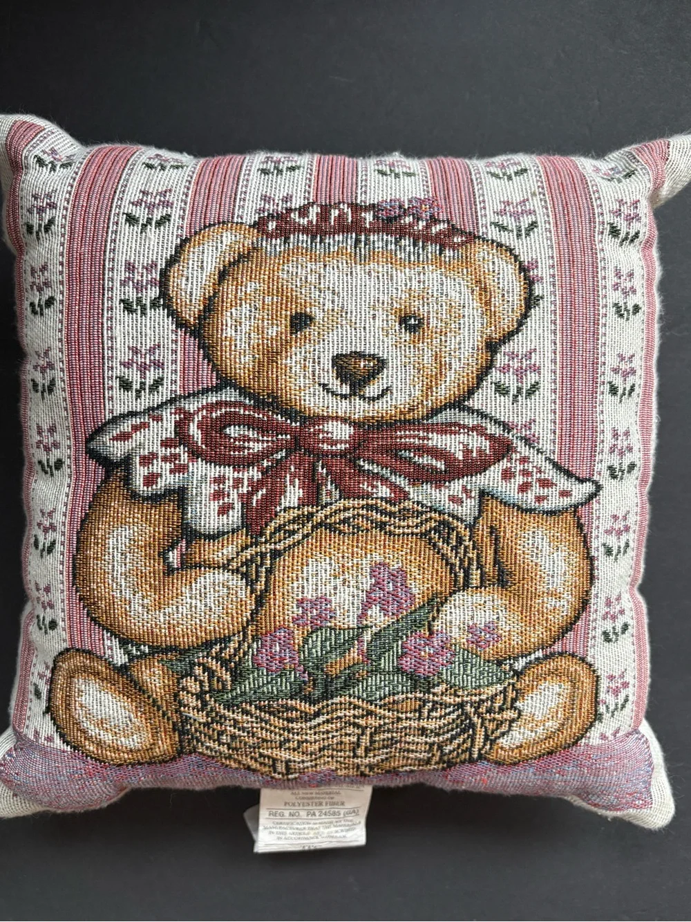 VINTAGE tapestry Throw Pillow With Teddy Bear- Cottagecore Grandma Style